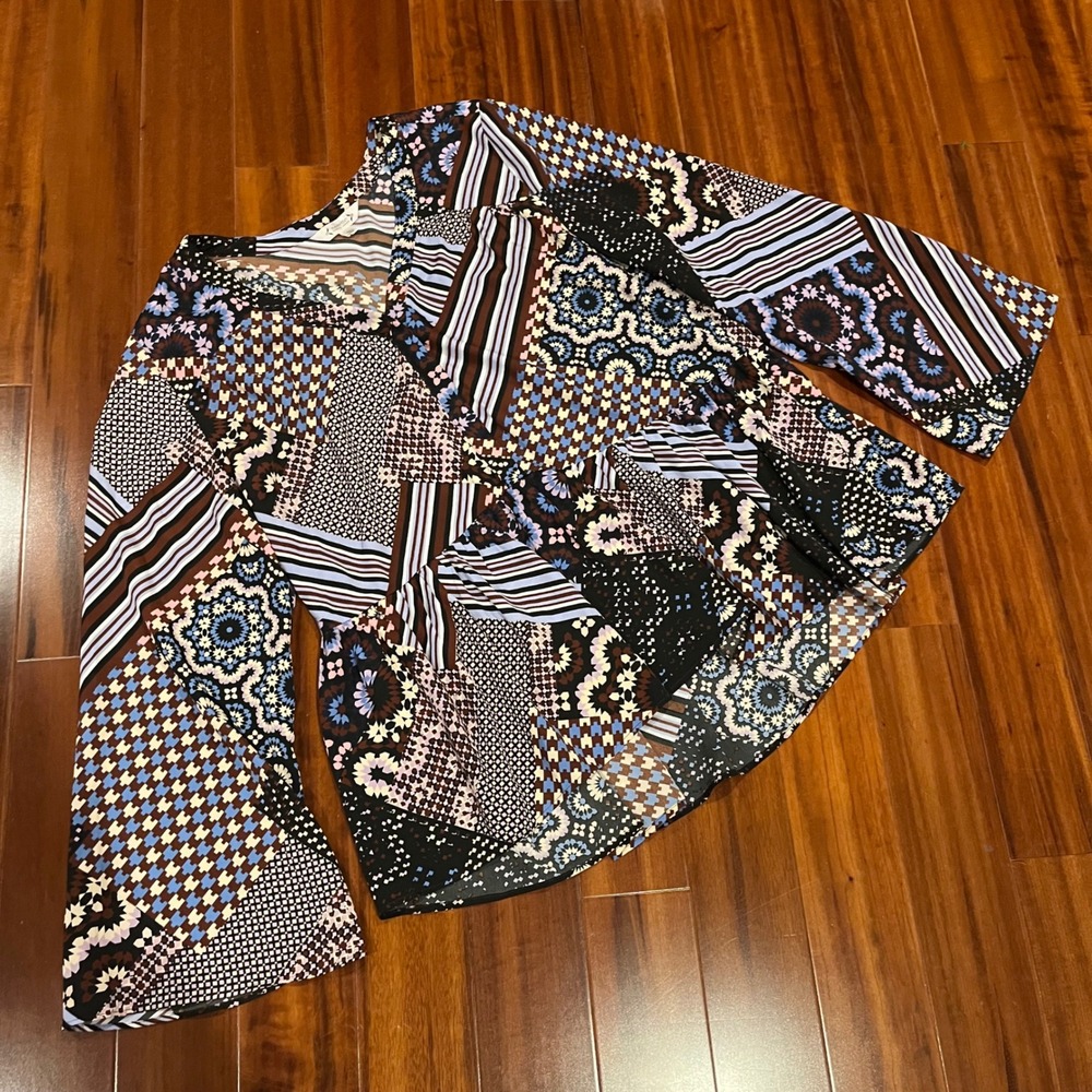 Nanette Lepore Blouse Top Patchwork Print Bell‎ Sleeve V Neck Top Size Large